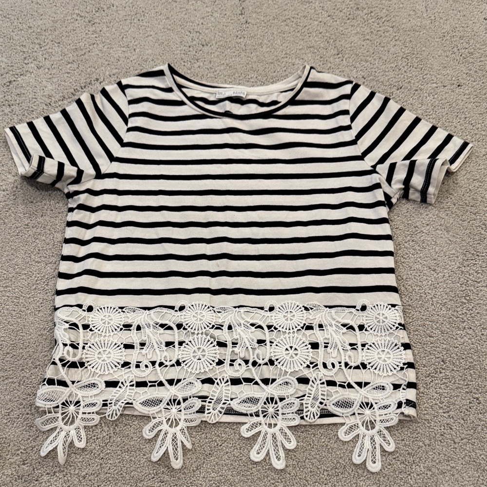 Zara Black and White Striped Tee with Lace Detail